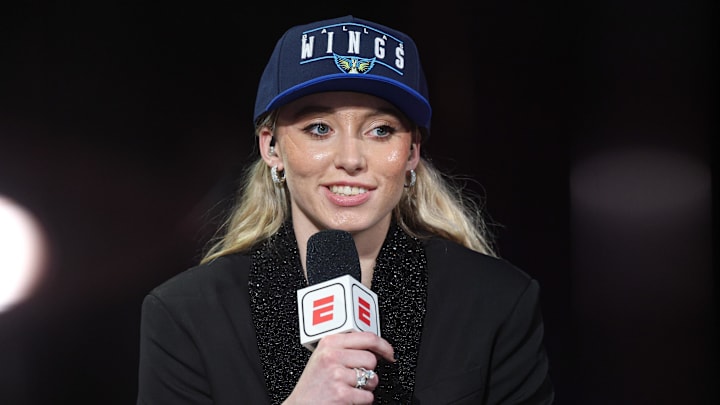 Apr 14, 2025; New York, New York, USA; Paige Bueckers is interviewed by ESPN after being selected with the number one overall pick to the Dallas Wings in the 2025 WNBA Draft at The Shed at Hudson Yards. Mandatory Credit: Vincent Carchietta-Imagn Images