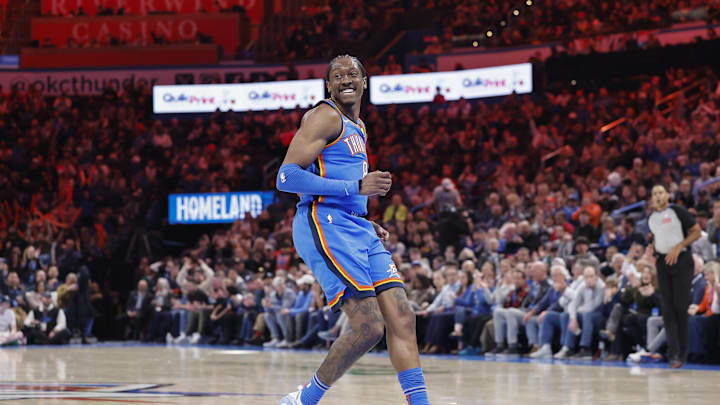 Feb 12, 2025; Oklahoma City, Oklahoma, USA; Oklahoma City Thunder forward Jalen Williams (8) smiles after scoring against the Miami Heat during the second half at Paycom Center. Mandatory Credit: Alonzo Adams-Imagn Images