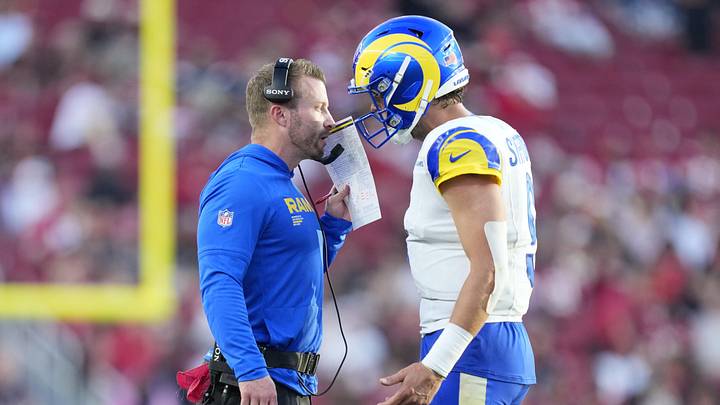 Nov 9, 2025; Santa Clara, California, USA; Los Angeles Rams head coach Sean McVay talks with Los Angeles Rams quarterback Matthew Stafford (9) during the fourth quarter against the San Francisco 49ers at Levi's Stadium. Mandatory Credit: Kyle Terada-Imagn Images Nov 9, 2025; Santa Clara, California, USA; Los Angeles Rams head coach Sean McVay talks with Los Angeles Rams quarterback Matthew Stafford (9) during the fourth quarter against the San Francisco 49ers at Levi's Stadium. Mandatory Credit: Kyle Terada-Imagn Images