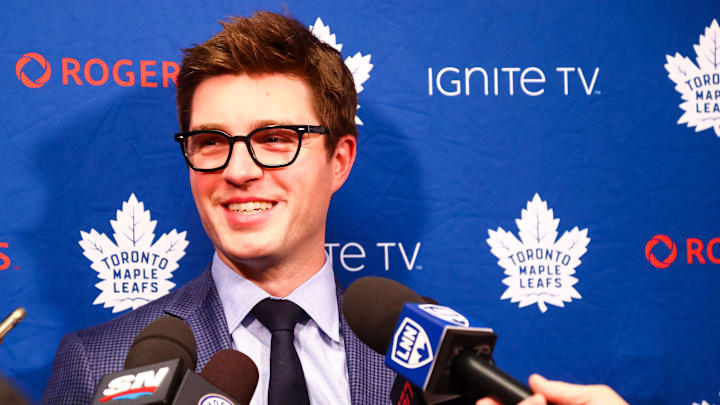 Dec 1, 2018; Saint Paul, MN, USA; Toronto Maple Leafs General Manager Kyle Dubas addressed the media
