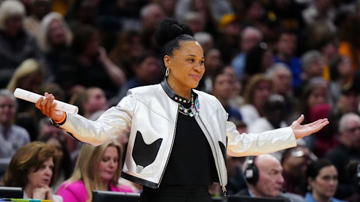 Apr 7, 2024; Cleveland, OH, USA; South Carolina Gamecocks head coach Dawn Staley reacts in the second quarter against the Iowa Hawkeyes in the finals of the Final Four of the womens 2024 Mandatory Credit: Kirby Lee-Imagn Images