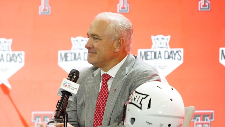 Jul 8, 2025; Frisco, TX, USA; Texas Tech head coach Joey McGuire addresses the media during 2025 Big 12 Football Media Days at The Star. Mandatory Credit: Raymond Carlin III-Imagn Images