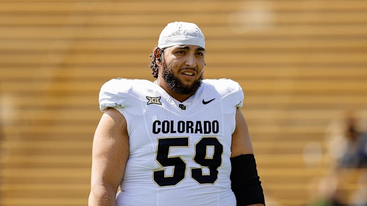 Apr 19, 2025; Boulder, CO, USA; Colorado Buffaloes offensive guard Yahya Attia (59) during the spring game at Folsom Field. Mandatory Credit: Isaiah J. Downing-Imagn Images