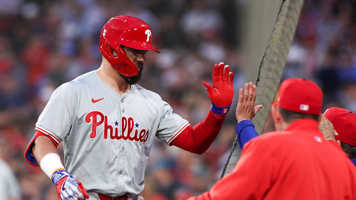 Philadelphia Phillies designated hitter Kyle Schwarber (12) celebrates after hitting a solo home run during the fifth inning against the Boston Red Sox at Fenway Park on June 11. Philadelphia Phillies designated hitter Kyle Schwarber (12) celebrates after hitting a solo home run during the fifth inning against the Boston Red Sox at Fenway Park on June 11.