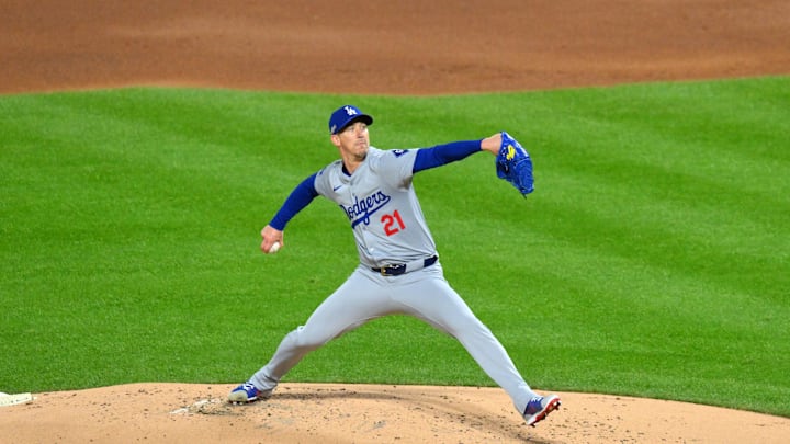 Los Angeles Dodgers pitcher Walker Buehler (21) throws a pitch against the New York Mets in the first inning during game three of the NLCS for the 2024 MLB playoffs at Citi Field on Oct 16.