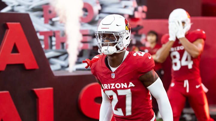 Aug 10, 2024; Glendale, Arizona, USA; Arizona Cardinals cornerback Divaad Wilson (27) against the New Orleans Saints during a preseason NFL game at State Farm Stadium. Aug 10, 2024; Glendale, Arizona, USA; Arizona Cardinals cornerback Divaad Wilson (27) against the New Orleans Saints during a preseason NFL game at State Farm Stadium.