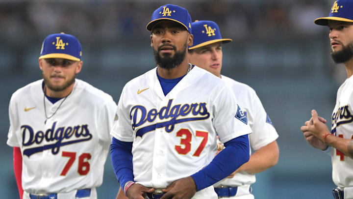 Mar 27, 2026; Los Angeles, California, USA; Los Angeles Dodgers right fielder Teoscar Hernandez (37) looks on during the World Series ring ceremony prior to the game against the Arizona Diamondbacks at Dodger Stadium. Mandatory Credit: Jayne Kamin-Oncea-Imagn Images Mar 27, 2026; Los Angeles, California, USA; Los Angeles Dodgers right fielder Teoscar Hernandez (37) looks on during the World Series ring ceremony prior to the game against the Arizona Diamondbacks at Dodger Stadium. Mandatory Credit: Jayne Kamin-Oncea-Imagn Images