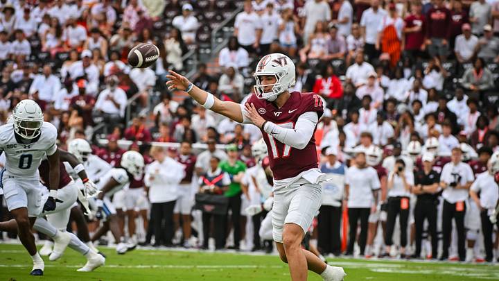 Sep 12, 2026; Blacksburg, Virginia, USA; Virginia Tech Hokies quarterback Ethan Grunkemeyer (17) throws a pass against the Old Dominion Monarchs during the first quarter at Lane Stadium. Mandatory Credit: Brian Bishop-Imagn Images Sep 12, 2026; Blacksburg, Virginia, USA; Virginia Tech Hokies quarterback Ethan Grunkemeyer (17) throws a pass against the Old Dominion Monarchs during the first quarter at Lane Stadium. Mandatory Credit: Brian Bishop-Imagn Images