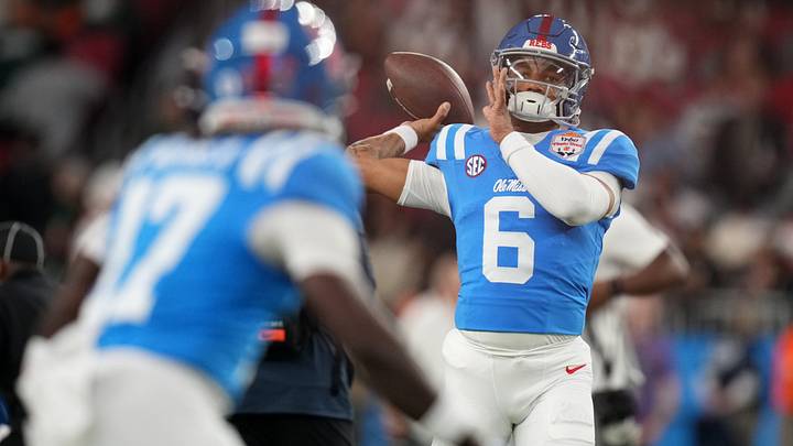 Ole Miss Rebels quarterback Trinidad Chambliss (6) warms up before their Vrbo Fiesta Bowl matchup against the Miami Hurricanes at State Farm Stadium in Glendale, on Jan. 8, 2026.