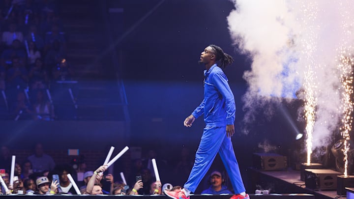 Oct 13, 2023; Lexington, KY, USA; Kentucky Wildcats guard Antonio Reeves (12) is introduced during Big Blue Madness at Rupp Arena at Central Bank Center. Mandatory Credit: Jordan Prather-Imagn Images