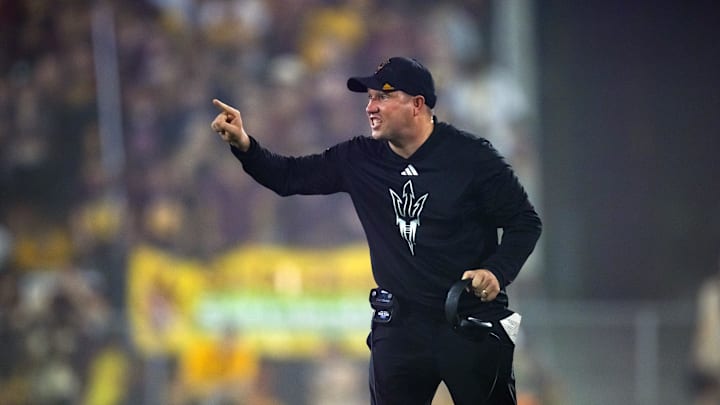 Oct 5, 2024; Tempe, Arizona, USA; Arizona State Sun Devils head coach Kenny Dillingham against the Kansas Jayhawks at Mountain America Stadium. Mandatory Credit: Mark J. Rebilas-Imagn Images
