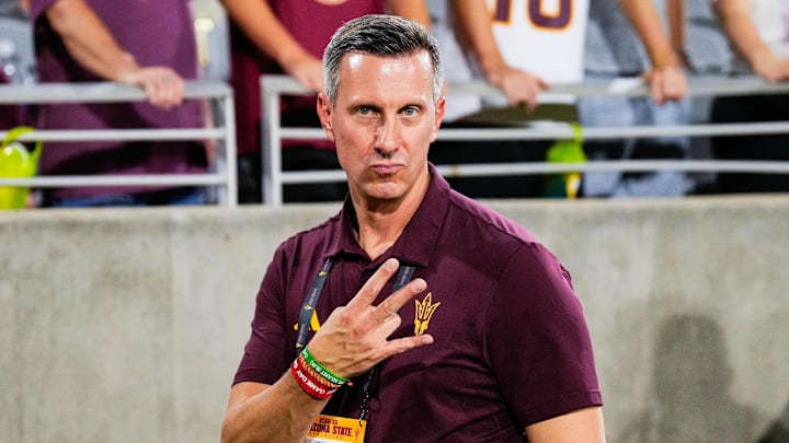 Sep 13, 2025; Tempe, Arizona, USA;  Arizona State Sun Devil Athletic Director Graham Rossini during a game against Texas State Bobcats at Mountain America Stadium. Mandatory Credit: Arianna Grainey-Imagn Images