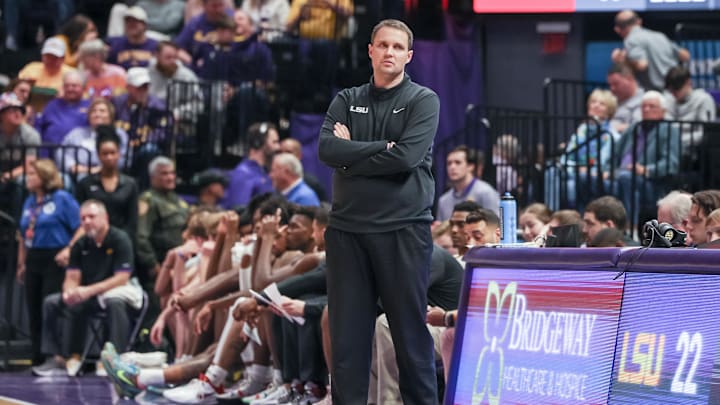 Feb 12, 2022; Baton Rouge, Louisiana, USA;  LSU Tigers head coach Will Wade looks on during the first half against the Mississippi State Bulldogs at the Pete Maravich Assembly Center.