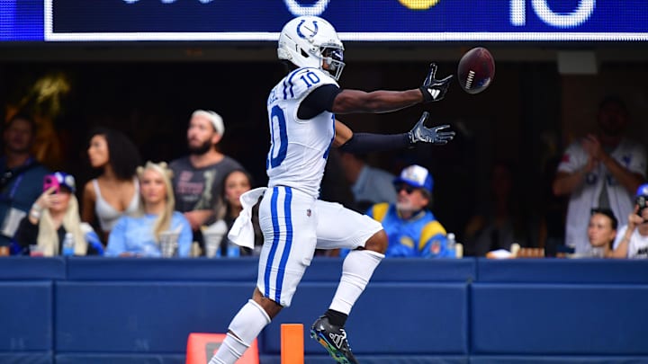 Sep 28, 2025; Inglewood, California, USA; Indianapolis Colts wide receiver Adonai Mitchell (10) drops the ball short of the goal line during the second half at SoFi Stadium. Mandatory Credit: Gary A. Vasquez-Imagn Images