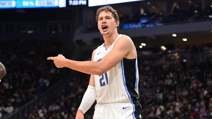 Apr 10, 2024; Milwaukee, Wisconsin, USA; Orlando Magic center Moe Wagner (21) reacts in the second quarter against the Milwaukee Bucks at Fiserv Forum. Mandatory Credit: Benny Sieu-USA TODAY Sports