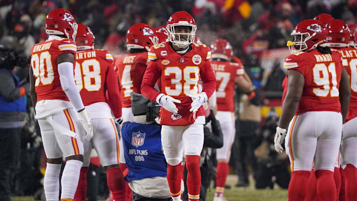 Jan 13, 2024; Kansas City, Missouri, USA; Kansas City Chiefs cornerback L'Jarius Sneed (38) is introduced against the Miami Dolphins prior to a 2024 AFC wild card game at GEHA Field at Arrowhead Stadium. Mandatory Credit: Denny Medley-Imagn Images