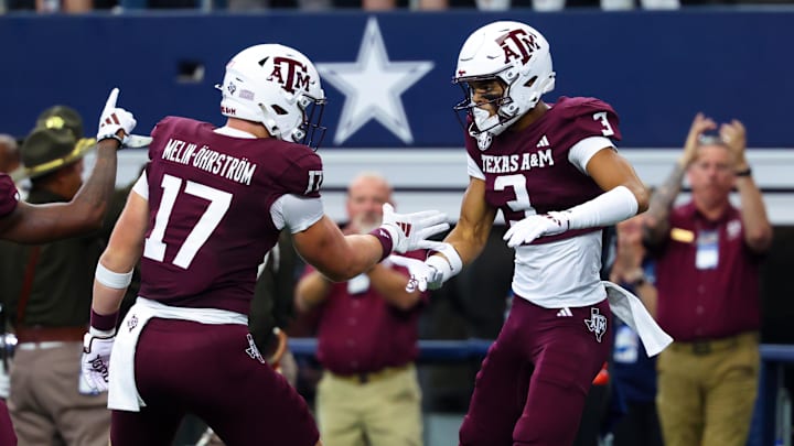 Sep 28, 2024; Arlington, Texas, USA;  Texas A&M Aggies wide receiver Noah Thomas (3) celebrates with Texas A&M Aggies tight end Theo Melin Ohrstrom (17) after scoring a touchdown during the first quarter at AT&T Stadium. Mandatory Credit: Kevin Jairaj-Imagn Images