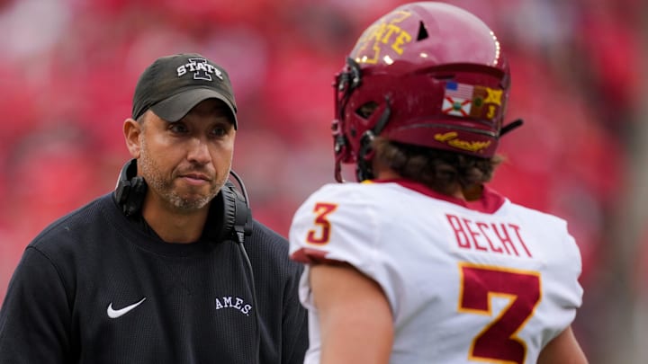 Iowa State Cyclones head coach Matt Campbell celebrates with quarterback Rocco Bechtafter after a touchdown against the Cincinnati Bearcats in the first half at Nippert Stadium. Iowa State Cyclones head coach Matt Campbell celebrates with quarterback Rocco Bechtafter after a touchdown against the Cincinnati Bearcats in the first half at Nippert Stadium.