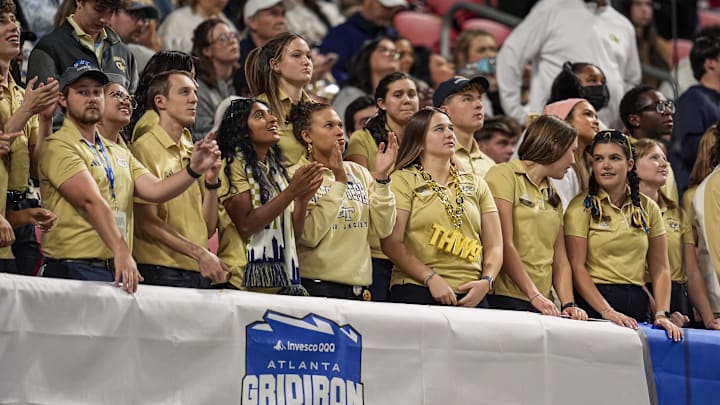 Nov 28, 2025; Atlanta, Georgia, USA; Georgia Tech Yellow Jackets fans react in the stands late in the game against the Georgia Bulldogs during the second half at Mercedes-Benz Stadium. Mandatory Credit: Dale Zanine-Imagn Images Nov 28, 2025; Atlanta, Georgia, USA; Georgia Tech Yellow Jackets fans react in the stands late in the game against the Georgia Bulldogs during the second half at Mercedes-Benz Stadium. Mandatory Credit: Dale Zanine-Imagn Images