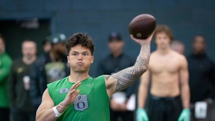 Oregon quarterback Dillon Gabriel throws out a pass during the Oregon football’s Pro Day Tuesday, March 18, 2025, at the Moshofsky Center in Eugene, Ore.