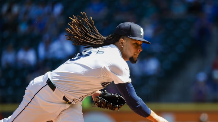Seattle Mariners starting pitcher Luis Castillo (58) throws against the Tampa Bay Rays during the first inning at T-Mobile Park in 2024.