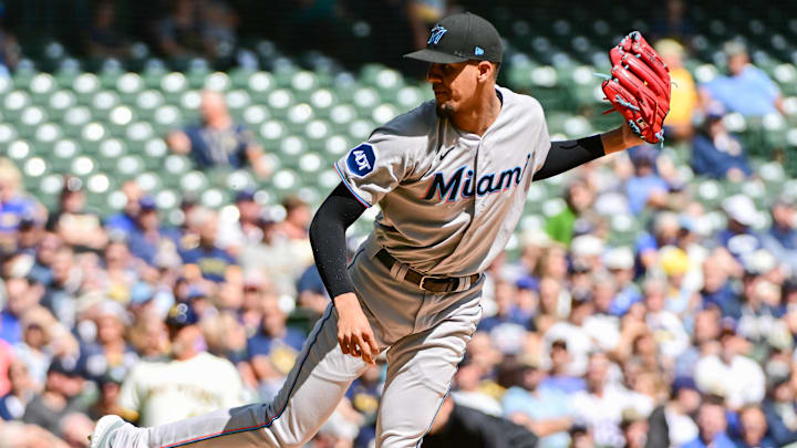 Miami Marlins pitcher Eury Perez (39) pitches against the Milwaukee Brewers in the first inning at American Family Field in 2023. Miami Marlins pitcher Eury Perez (39) pitches against the Milwaukee Brewers in the first inning at American Family Field in 2023.