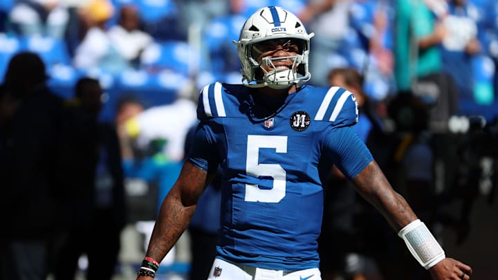 Sep 7, 2025; Indianapolis, Indiana, USA; Indianapolis Colts quarterback Anthony Richardson Sr. (5) during warmups before the game against the Miami Dolphins at Lucas Oil Stadium. Sep 7, 2025; Indianapolis, Indiana, USA; Indianapolis Colts quarterback Anthony Richardson Sr. (5) during warmups before the game against the Miami Dolphins at Lucas Oil Stadium.