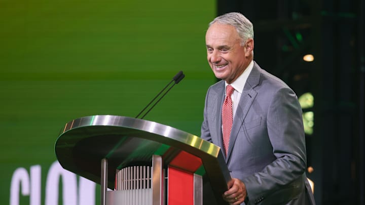 Jul 13, 2025; Atlanta, GA, USA; MLB Commissioner Rob Manfred announces the pick for the Athletics pick during the MLB Draft at The Coca-Cola Roxy. Mandatory Credit: Brett Davis-Imagn Images Jul 13, 2025; Atlanta, GA, USA; MLB Commissioner Rob Manfred announces the pick for the Athletics pick during the MLB Draft at The Coca-Cola Roxy. Mandatory Credit: Brett Davis-Imagn Images