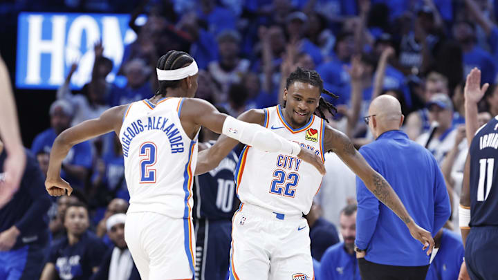 May 7, 2024; Oklahoma City, Oklahoma, USA; Oklahoma City Thunder guard Cason Wallace (22) celebrates May 7, 2024; Oklahoma City, Oklahoma, USA; Oklahoma City Thunder guard Cason Wallace (22) celebrates
