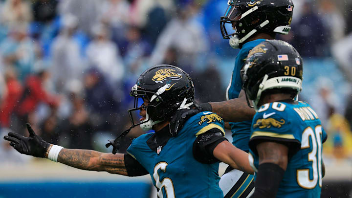 Jacksonville Jaguars cornerback Greg Newsome II (6) celebrates his interception during the fourth quarter of an NFL football game at EverBank Stadium, Sunday, Dec. 7, 2025, in Jacksonville, Fla. The Jaguars defeated the Colts 36-19. Jacksonville Jaguars cornerback Greg Newsome II (6) celebrates his interception during the fourth quarter of an NFL football game at EverBank Stadium, Sunday, Dec. 7, 2025, in Jacksonville, Fla. The Jaguars defeated the Colts 36-19.