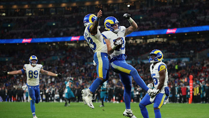 [US, Mexico & Canada customers only] Oct 19, 2025; London, United Kingdom; Los Angeles Rams running back Kyren Williams (23) and tight end Terrance Ferguson (18) celebrates a touchdown against the Jacksonville Jaguars during the second half during a NFL International Series game at Wembley Stadium. Mandatory Credit: Andrew Boyers-Reuters via Imagn Images