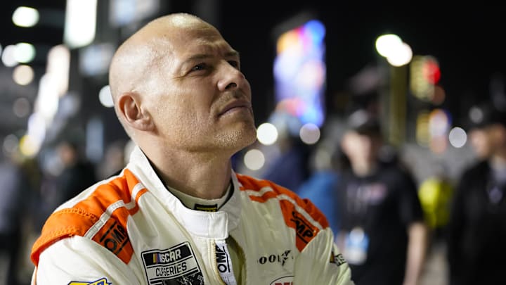 Feb 16, 2022; Daytona, FL, USA; NASCAR Cup Series driver Jacques Villeneuve (27) during qualifying Feb 16, 2022; Daytona, FL, USA; NASCAR Cup Series driver Jacques Villeneuve (27) during qualifying