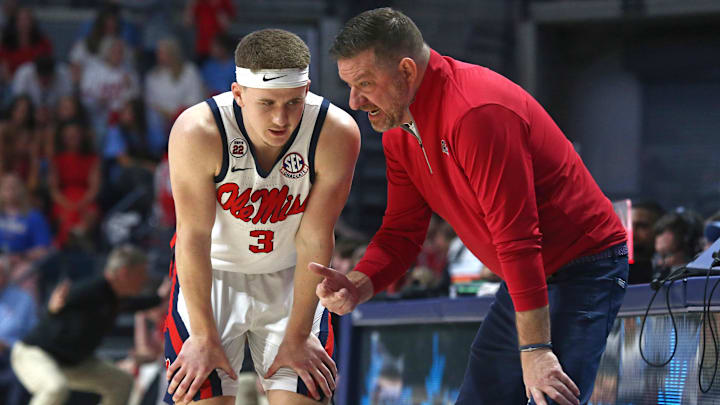 Mar 1, 2025; Oxford, Mississippi, USA; Mississippi Rebels head coach Chris Beard talks with guard Sean Pedulla (3) during the second half against the Oklahoma Sooners at The Sandy and John Black Pavilion at Ole Miss. Mandatory Credit: Petre Thomas-Imagn Images
