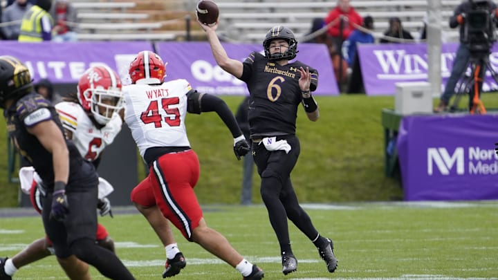 Oct 28, 2023; Evanston, Illinois, USA; Northwestern Wildcats quarterback Brendan Sullivan (6) looks to pass against the Maryland Terrapins during the second half at Ryan Field. Mandatory Credit: David Banks-Imagn Images