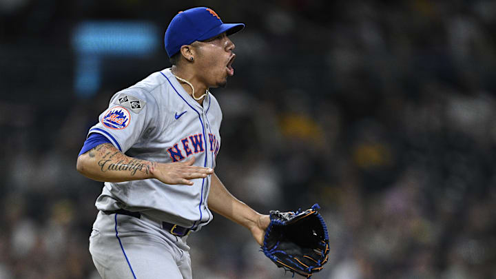 Aug 24, 2024; San Diego, California, USA; New York Mets relief pitcher Dedniel Núñez (72) celebrates on the field after defeating the San Diego Padres at Petco Park. Mandatory Credit: Orlando Ramirez-USA TODAY Sports