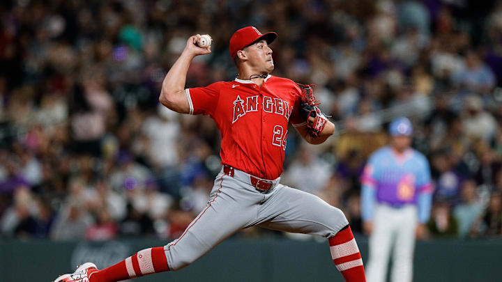 Sep 19, 2025; Denver, Colorado, USA; Los Angeles Angels relief pitcher Robert Stephenson (24) pitches in the seventh inning against the Colorado Rockies at Coors Field. Mandatory Credit: Isaiah J. Downing-Imagn Images