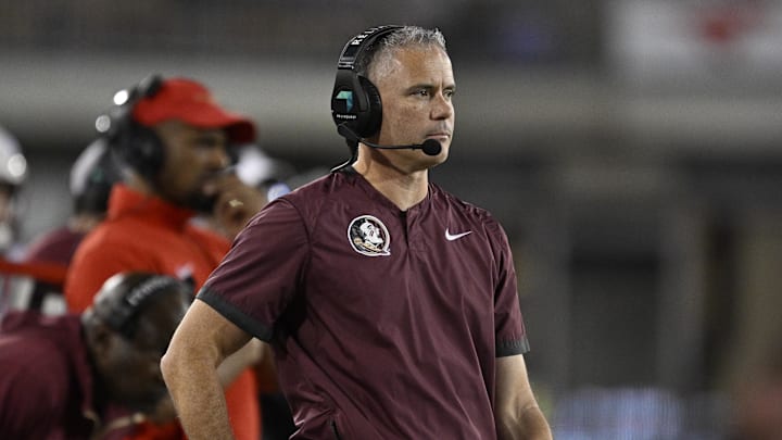 Sep 28, 2024; Dallas, Texas, USA; Florida State Seminoles head coach Mike Norvell during the game between the Southern Methodist Mustangs and the Florida State Seminoles at Gerald J. Ford Stadium. Mandatory Credit: Jerome Miron-Imagn Images