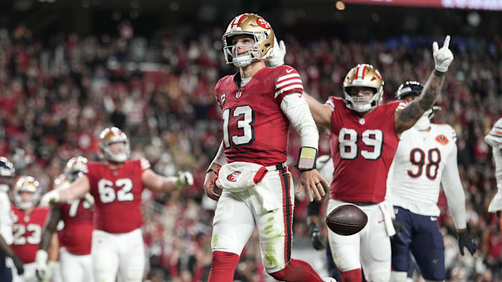 Dec 28, 2025; Santa Clara, California, USA; San Francisco 49ers quarterback Brock Purdy (13) celebrates after scoring a touchdown against the Chicago Bears in the first half at Levi's Stadium. Mandatory Credit: Kyle Terada-Imagn Images Dec 28, 2025; Santa Clara, California, USA; San Francisco 49ers quarterback Brock Purdy (13) celebrates after scoring a touchdown against the Chicago Bears in the first half at Levi's Stadium. Mandatory Credit: Kyle Terada-Imagn Images