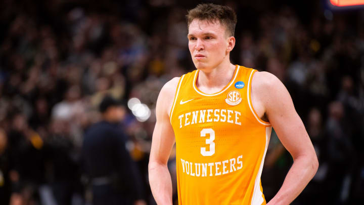 Tennessee guard Dalton Knecht (3) walks off the court after a NCAA Tournament Elite Eight game between Tennessee and Purdue held at Little Caesars Arena in Detroit on Sunday, March 31, 2024.