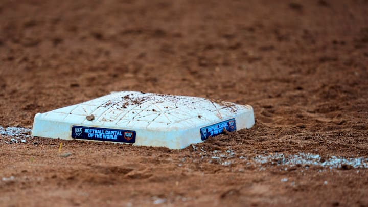 First base is pictured during a college Bedlam softball game between the University of Oklahoma Sooners (OU) and the Oklahoma State University Cowgirls (OSU) at Devon Park in Oklahoma City, Wednesday, April 9, 2025.