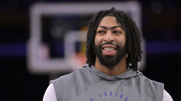 Dec 8, 2024; Los Angeles, California, USA;  Los Angeles Lakers forward Anthony Davis (3) warms up prior to the game against the Portland Trail Blazers at Crypto.com Arena. Mandatory Credit: Jayne Kamin-Oncea-Imagn Images