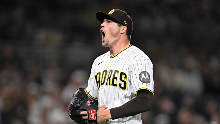 Apr 9, 2026; San Diego, California, USA; San Diego Padres relief pitcher Mason Miller (22) reacts after pitching in the ninth inning against the Colorado Rockies at Petco Park. Mandatory Credit: Denis Poroy-Imagn Images
