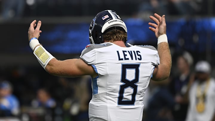 Nov 10, 2024; Inglewood, California, USA; Tennessee Titans quarterback Will Levis (8) during pregame warmups before an NFL game against the Los Angeles Chargers at SoFi Stadium.