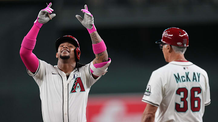 Arizona Diamondbacks' Ketel Marte (4) celebrates his single against the Washington Nationals at Chase Field in Phoenix on June 1, 2025.