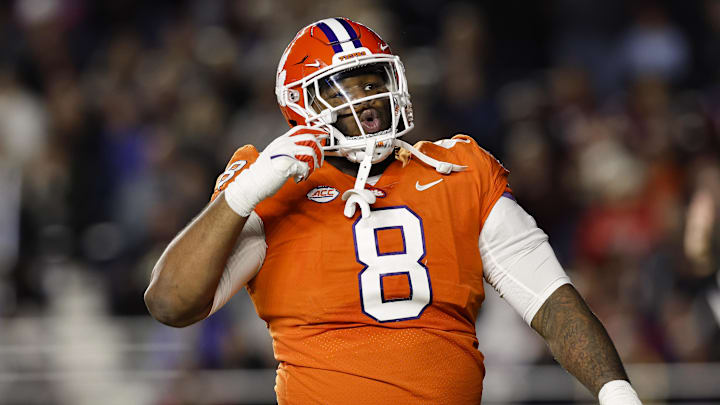 Oct 8, 2022; Chestnut Hill, Massachusetts, USA; Clemson Tigers defensive tackle Tre Williams (8) celebrates a sack against the Boston College Eagles during the second half at Alumni Stadium. Mandatory Credit: Winslow Townson-Imagn Images