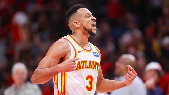 Atlanta Hawks guard CJ McCollum reacts after a basket against the New York Knicks