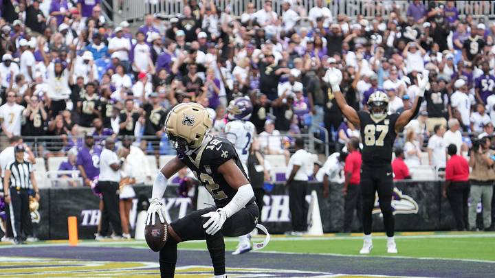 Sep 20, 2026; Baltimore, Maryland, USA; New Orleans Saints wide receiver Chris Olave (12) celebrates a touchdown in the fourth quarter against the Baltimore Ravens at M&T Bank Stadium. Mandatory Credit: James Lang-Imagn Images Sep 20, 2026; Baltimore, Maryland, USA; New Orleans Saints wide receiver Chris Olave (12) celebrates a touchdown in the fourth quarter against the Baltimore Ravens at M&T Bank Stadium. Mandatory Credit: James Lang-Imagn Images
