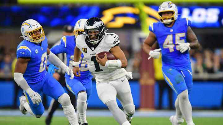 Dec 8, 2025; Inglewood, California, USA; Philadelphia Eagles quarterback Jalen Hurts (1) runs against the Los Angeles Chargers in the overtime at SoFi Stadium. Mandatory Credit: Gary A. Vasquez-Imagn Images Dec 8, 2025; Inglewood, California, USA; Philadelphia Eagles quarterback Jalen Hurts (1) runs against the Los Angeles Chargers in the overtime at SoFi Stadium. Mandatory Credit: Gary A. Vasquez-Imagn Images