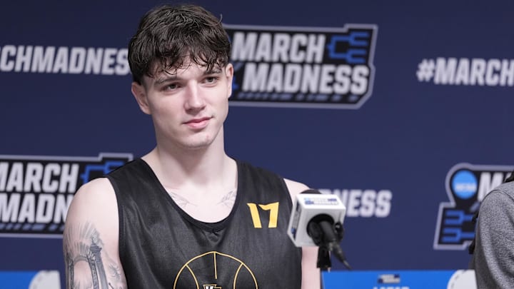 Mar 18, 2026; Greenville, SC, USA; VCU Rams forward Lazar Djokovic (17) answers questions during a practice session ahead of the first round of the men's 2026 NCAA Tournament at Bon Secours Wellness Arena. Mandatory Credit: Jim Dedmon-Imagn Images