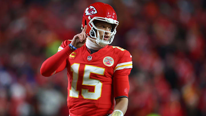 Jan 26, 2025; Kansas City, MO, USA; Kansas City Chiefs quarterback Patrick Mahomes (15) reacts against the Buffalo Bills in the AFC Championship game at GEHA Field at Arrowhead Stadium. Mandatory Credit: Mark J. Rebilas-Imagn Images